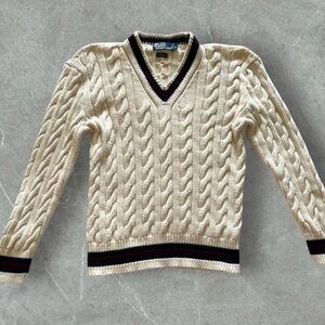 Polo Ralph Lauren Men’s Cream Cotton Vintage V Neck Cable Knit Sweater